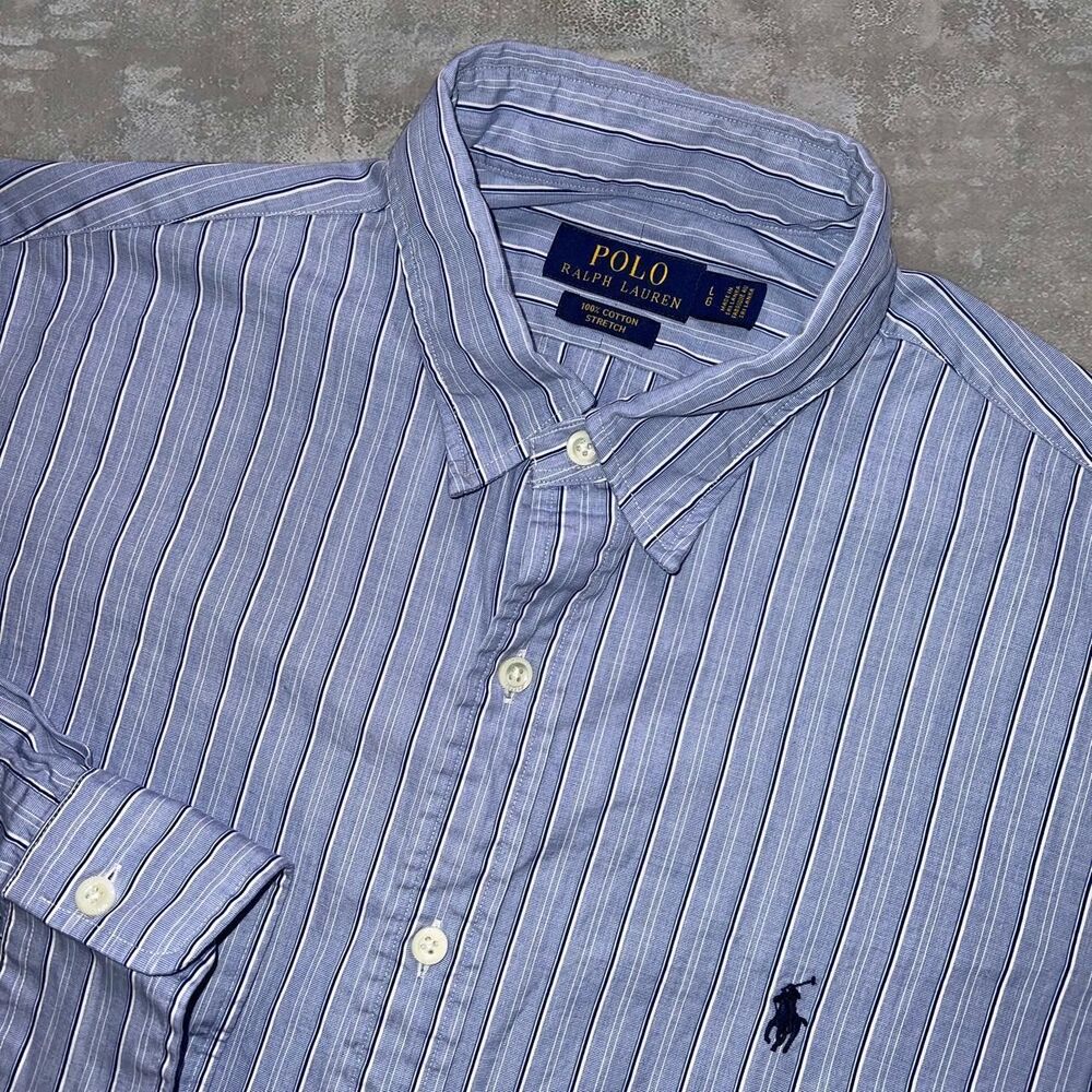 Polo Ralph Lauren Mens L Blue White Pinstripe Stretch Classic Button Down Shirt
